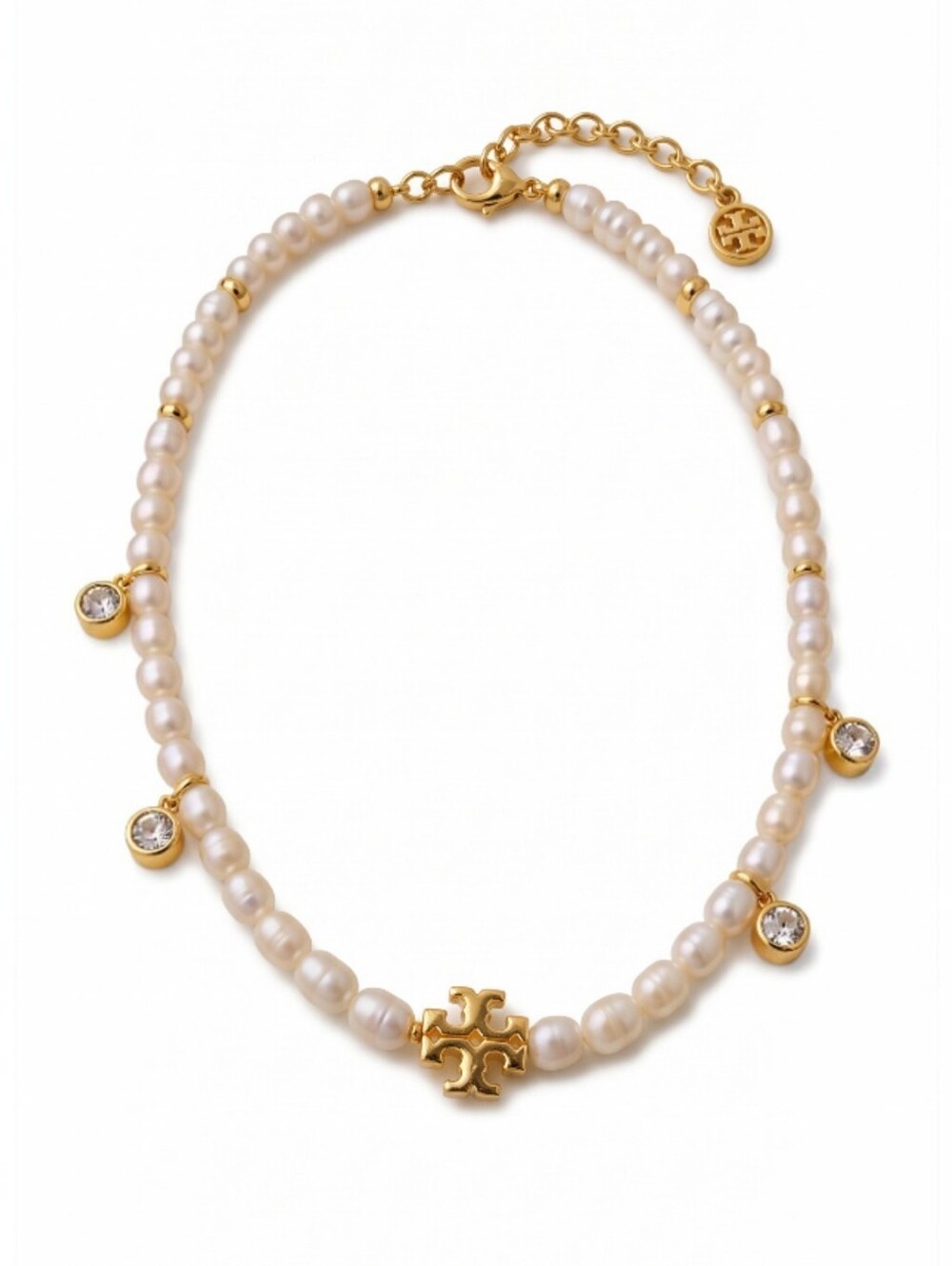 Tory Burch Pearl Necklace with Gold Logo and Crystal Charms